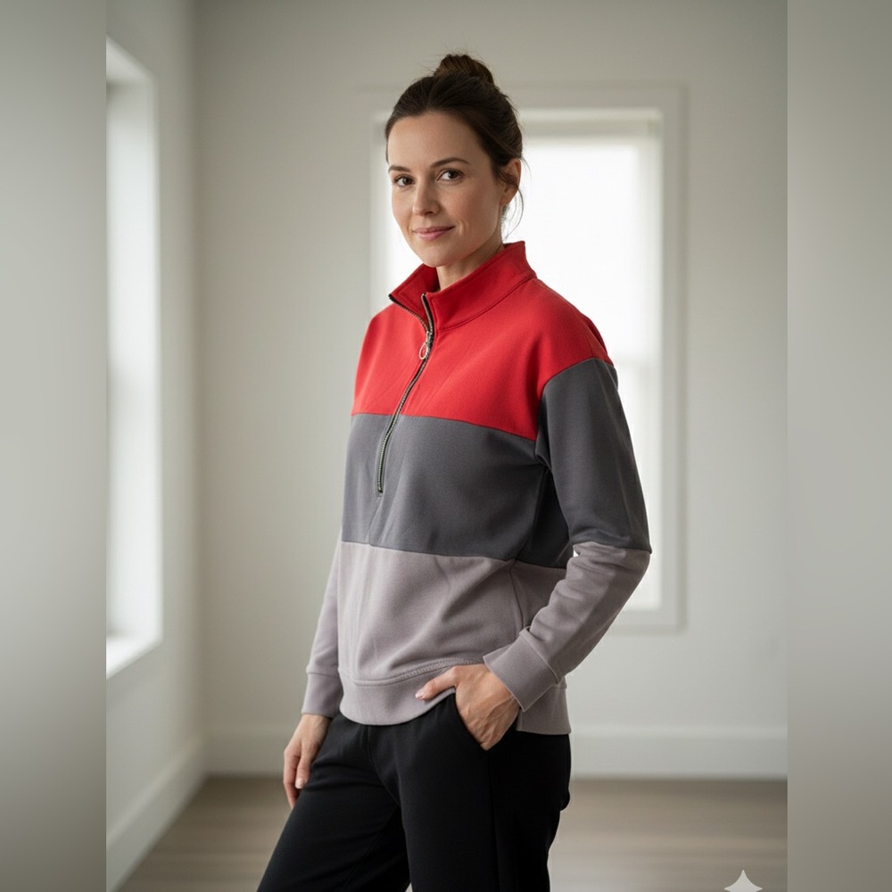 Women’s Colorblock Quarter Zip Pull Over Red and Gray Size L